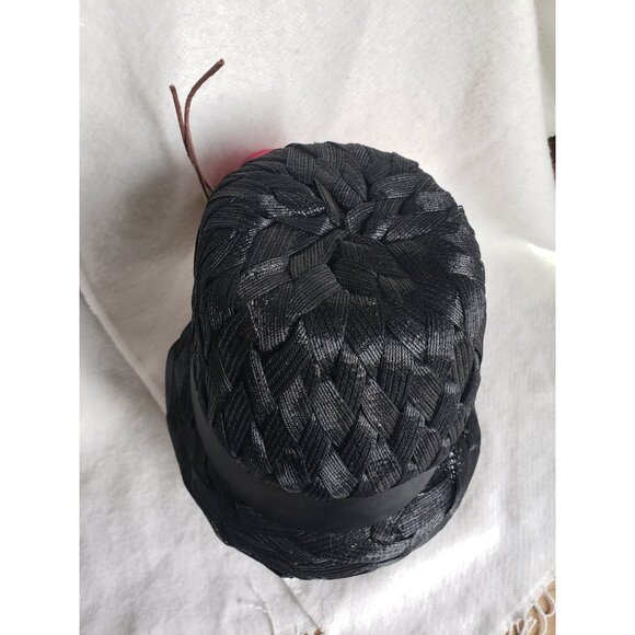 Black Vintage Cloche Hat with Large Pink Roses Woven Raffia - Picture 7 of 10